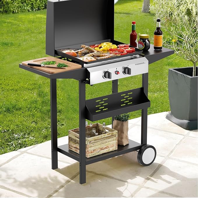 2 Burner BBQ Gas Griddle with Hood, 17.3 Inch Stainless Steel Portable Detachable Propane Griddle, 30,000 BTU Flat Top Barbecue Grill with Side Shelves for Camping