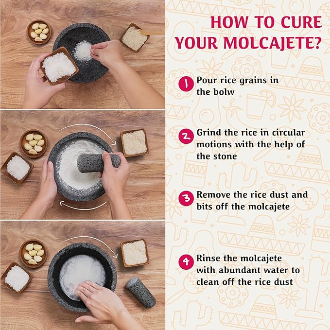 Elly Mexican Molcajete 8in, Handmade with Natural Volcanic Stone, Mortar and Pestle Set for Guacamole, Spices, Salsa, Pesto & More, Authentic Lava Rock, Includes Free Tortilla Warmer