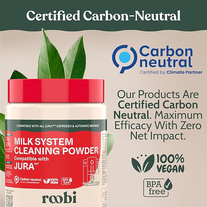 Roobi Compatible Milk System Cleaning Powder for Jura. Specially formulated for Jura Automatic Espresso Coffee Machines. 100% Vegan, Carbon Neutral.