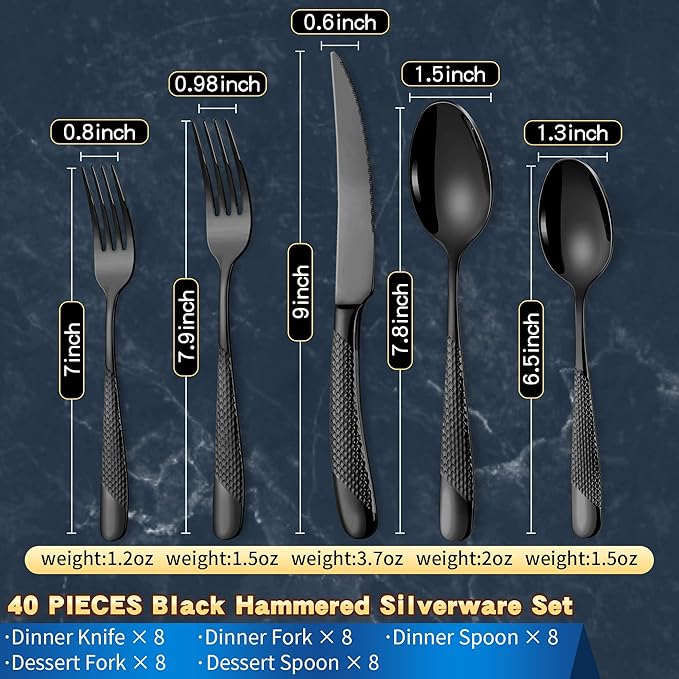 Lemeya 40-Piece Hammered Black Silverware Set for 8 with Serrated Forging Knives,18/10 Stainless Steel Modern Flatware Set,Unique Cutlery Set Spoons and Forks Set,Mirror Polished,Dishwasher Safe