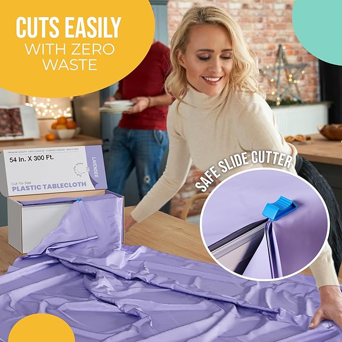 Exquisite Party Solids 54 Inch X 300 Feet Lavender Plastic Table Cover Roll in A Cut - to - Size Box with Convenient Slide Cutter. Cuts Up to 36 Rectangle 8 Feet Plastic Disposable Tablecloths