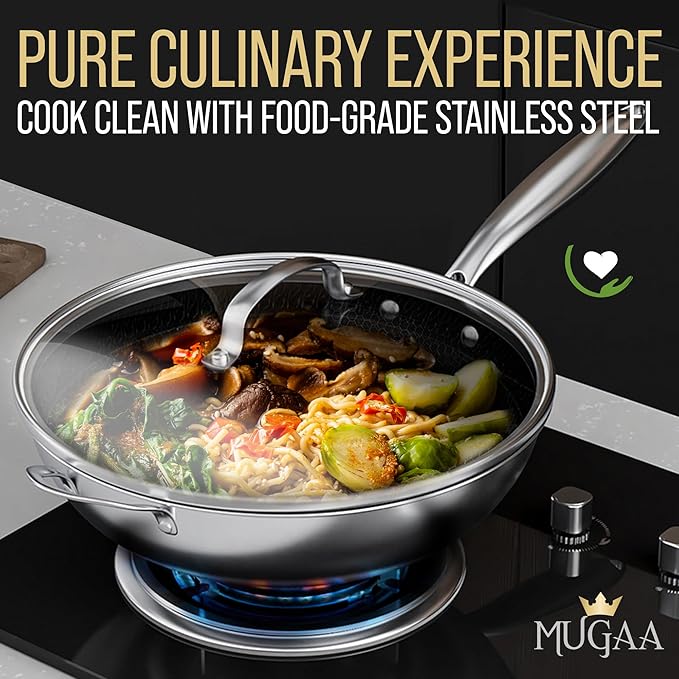 12.5” Nonstick Stainless Steel Wok Pan with Lid | Tri-Ply Honeycomb Hybrid Stir-Fry Pan | Nonstick Woks & Stir-Fry Pans | PFOA-Free, Induction, Dishwasher & Oven Safe