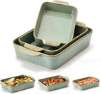 Ceramic Baking Dish Set of 3, Casserole Dishes for Oven, Square Porcelain Bakeware Set with Handles, Lasagna Baking Pan for Cooking, Perfect for Baking and Serving, Housewarming, Halloween, Thanksgiving, Christmas, New Year- Green
