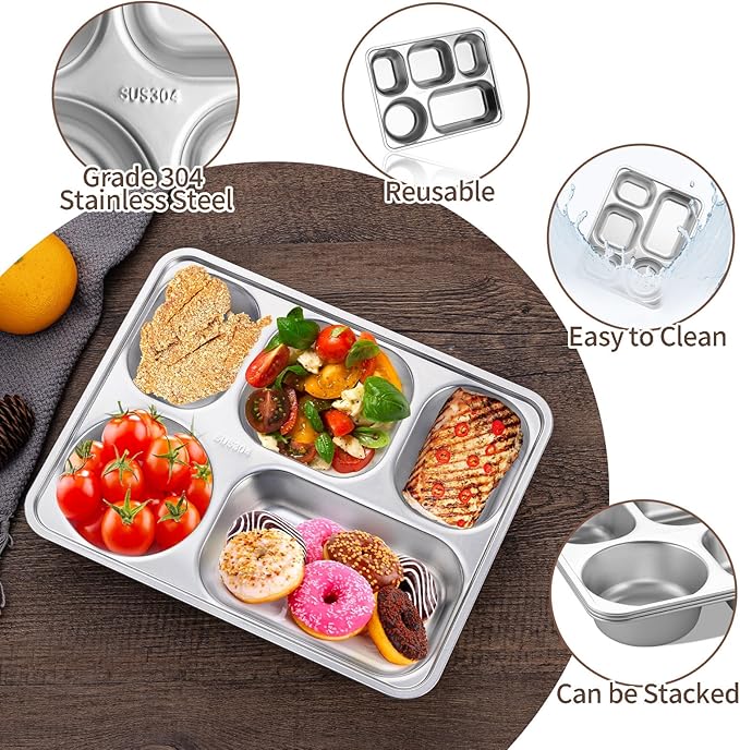 GOLDEN KEY Stainless Steel Snack Containers, 3-Pack Snack Bento Boxes with 5 Compartments and Lids, Stainless Steel Bento Box for Kids or Adults, Food Storage Container for School, Home, and Travel