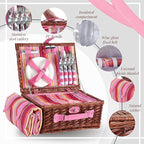 Picnic Basket Set for 4 with Waterproof Blanket Mat Insulation Bag Wicker Pink Red Stripe Classic Gift for Wedding Birthday Summer Camp Outdoor Camping Beach Travel Christmas Vacation