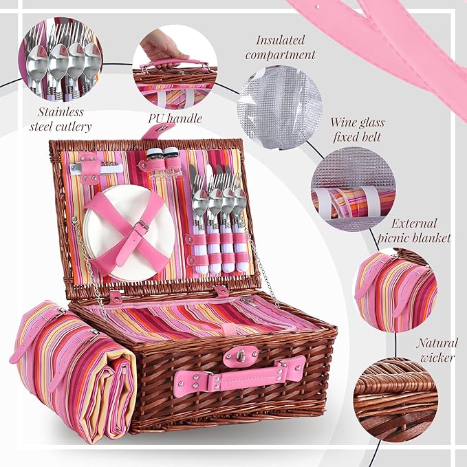 Picnic Basket Set for 4 with Waterproof Blanket Mat Insulation Bag Wicker Pink Red Stripe Classic Gift for Wedding Birthday Summer Camp Outdoor Camping Beach Travel Christmas Vacation