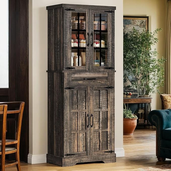DWVO Farmhouse Kitchen Pantry Cabinet, 71" Tall Storage Cabinet with Adjustable Shelves & Glass Doors, Freestanding Kitchen Cupboard for Dining Room, Living Room, Dark Brown Oak