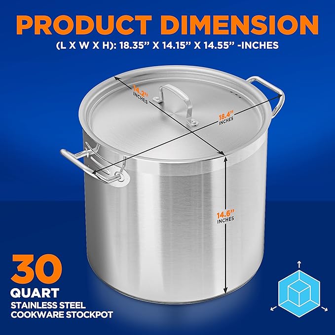 Nutrichef Stainless Steel Cookware Stockpot, 30 Quart Heavy Duty Induction Soup Pot With Stainless Steel Lid And Strong Riveted Handles, Even Heat Distribution, Compatible With Most Cooktops