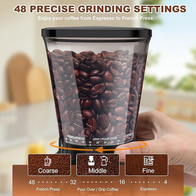 Conical Burr Coffee Grinder Electric, Espresso Coffee Bean Grinder for Home Use Adjustable 48 Grind Settings, 35s Precision Timer, Stainless Steel, Anti-Static for Pour Over/Drip/French Press