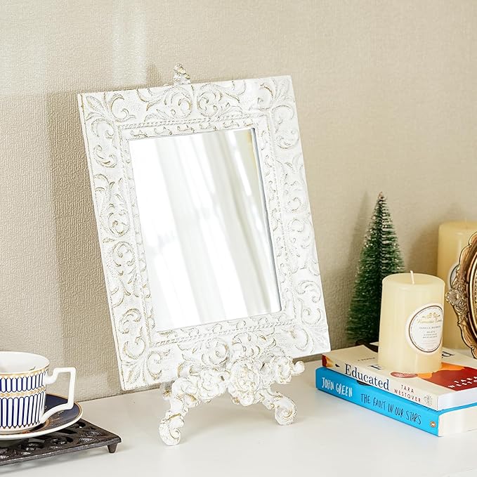 Sungmor Vintage Cast Iron Cookbook Stand, Small Ornate Easel Fleur De Lis Stand, 15.5" Tall Antique White Table Top Display Holder for Recipe Book, Picture Frame, Plate, Home Kitchen Decor