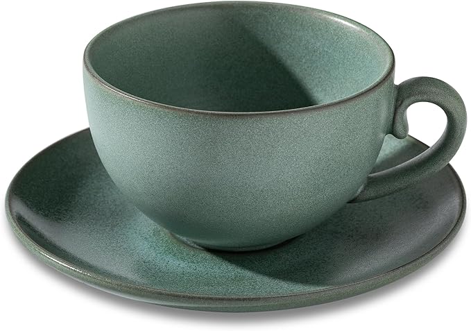 Cup and Saucer Set Turquoise Ceramic Cappuccino Mug Set of 1-10 oz Microwave and Dishwasher Safe, Perfect For Tea, Espresso, Latte - Porcelain Mugs for Kitchen or Cafe