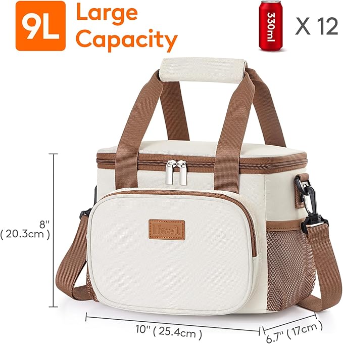 Lifewit Medium Lunch Bag Insulated Lunch Box Soft Cooler Cooling Tote for Adult Men Women, Beige 12-Can (9L)