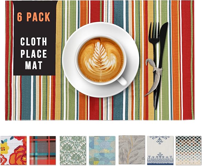 Ruvanti Placemats 100% Cotton 13x19 Inch, Dining Table Placemats Set of 6, Place Mats for Dining Table Decor, Kitchen & Table Linens, Coffee Mat for Christmas Dinners - Multi Stripe