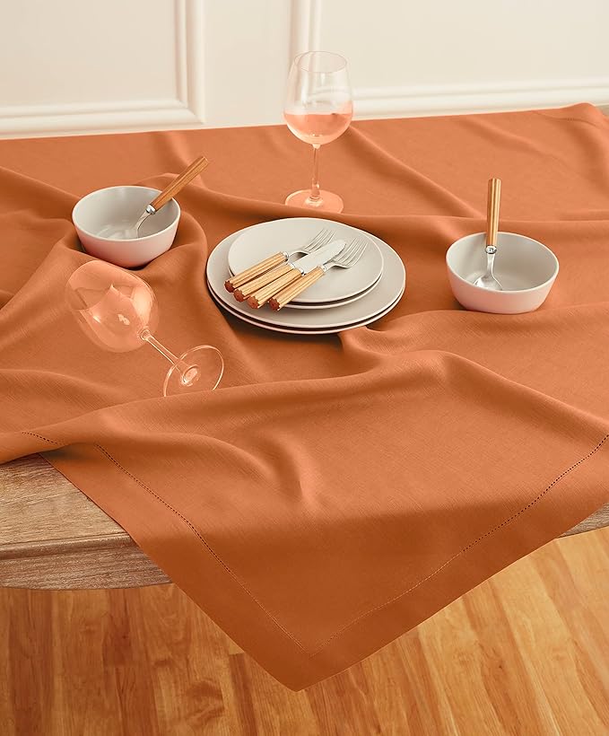 Solino Home Linen Square Tablecloth 52 x 52 Inch - 100% Pure Linen Pumpkin Table Throw - Classic Hemstitch, Machine Washable Table Cloth for Fall, Autumn, Halloween