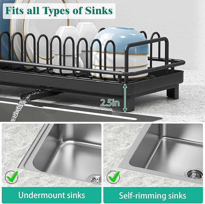 Small Sink Dish Drying Rack with Drainboard, Compact Dish Drainer for Kitchen Countertop, Rustproof Plate Organizer with Utensil Holder, Black