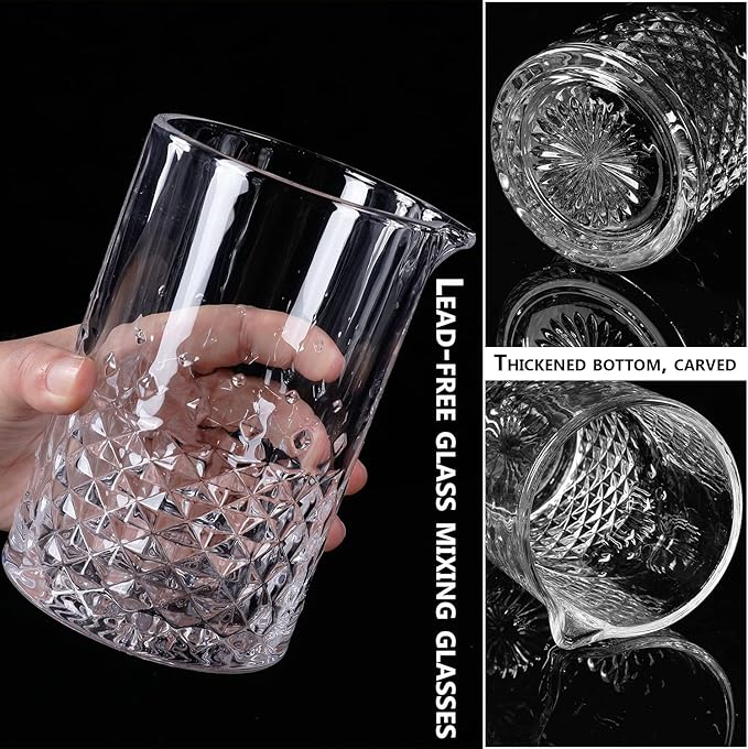 2 Pcs Cocktail Mixing,Crystal Glass Engraved Cocktail Stirring Glasses,24oz Drink Stirring,Thick Weighted Bottom,Professional Bartender's Mixer Glasses,Bar Tools.