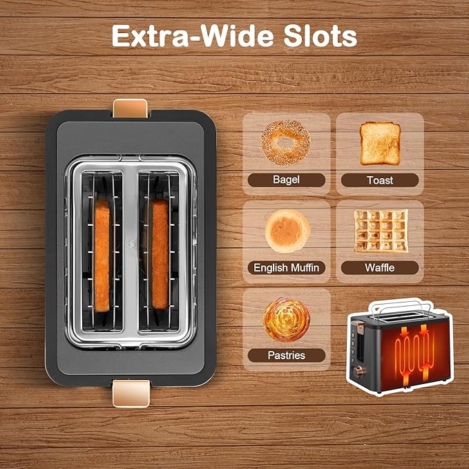 Mecity Toaster 2 Slice Stainless Steel Body Timer, Bagel/Defrost/Reheat/Cancel Functions,Warming Rack, Removable Tray, 6 Browning Settings, Extra Wide Slots, Bread Toaster, 120V 800W Grey