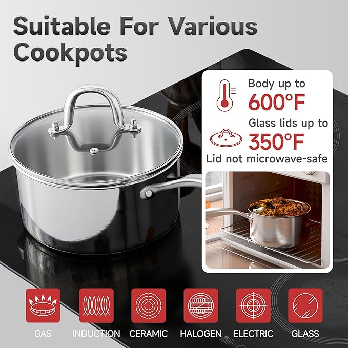 1.5 Quart Stainless Steel Saucepan with Glass Strainer Lid, Thicken Tri-ply Full Body, Multipurpose Sauce Pot with Two-Size Drainage Holes Lid, Perfect For Boiling Gravies, Pasta, Noodles
