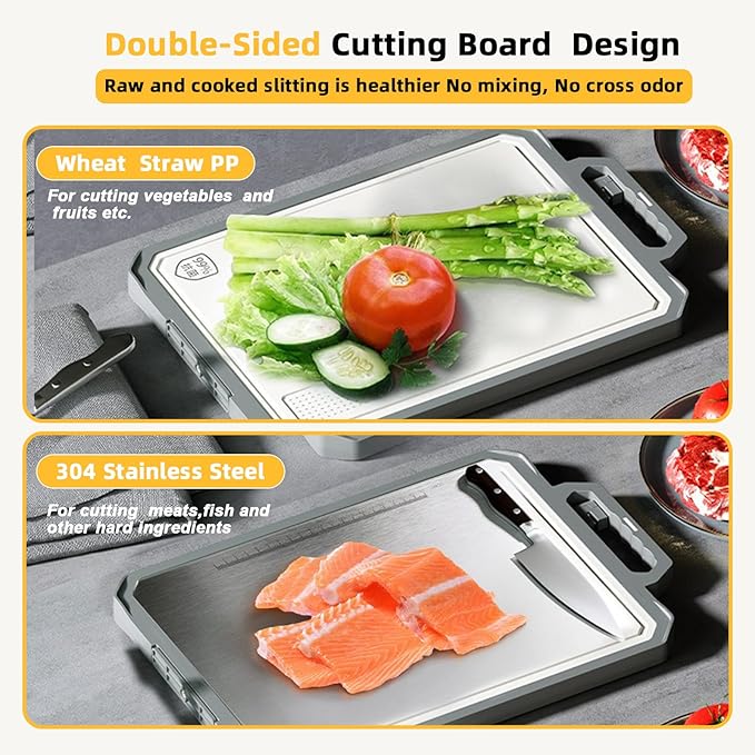 Extra Large Stainless Steel Cutting Board - Double Sided with Hidden Whetstone | Rust-Proof, Knife-Friendly Surface, BPA Free, Thickened & Non Slip | Dishwasher Safe 17x12 Inch