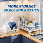 2 Tiers Dish Drying Rack, Space-Saving Dish Racks for Kitchen Counter, Dish Drainer Drying Rack with Drainboard, Utensil Holder Cups Holder and Adjustable Swivel Spout, White