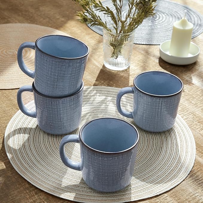 famiware Moonlight Coffee Mug Set of 4, 13oz Mug Set with Linen Finish, Coffee Cup Set with Handle for Latte, Cappuccino, Tea, Hot Cocoa, Microwave and Dishwasher Safe, Blue