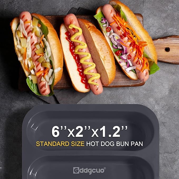 Silicone Hotdog Bun Pan, 6 Inch Standard Hot dog Bun Mold, 4 Cup Non-stick Homemade Hotdog Bun Baking Pans, Mini Baguette Pans, Dishwasher Safe, 2 Pcs (Grey)