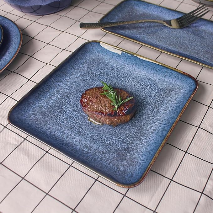 4-piece ceramic dinner plate set, suitable for steak, pasta and pizza, microwave- and dishwasher-safe, scratch-resistant, blue 9-inch square dinner plate