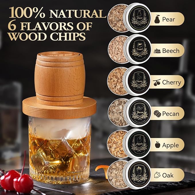 G GOOD GAIN Whiskey Smoker Kit with Torch - Old Fashioned Cocktail Smoker Kit with 6 Flavors Wood Chips | Drink Bourbon Infuser Set with 4 Stainless Steel Ice Stone for Men, Dad (No Fuel Included)