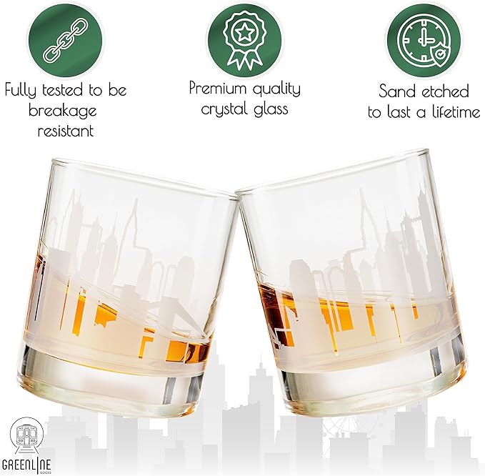 Greenline Goods Skyline Etched New York City Whiskey Glasses Gift (Set of 2) | Old Fashioned Tumbler – For New York City Lovers