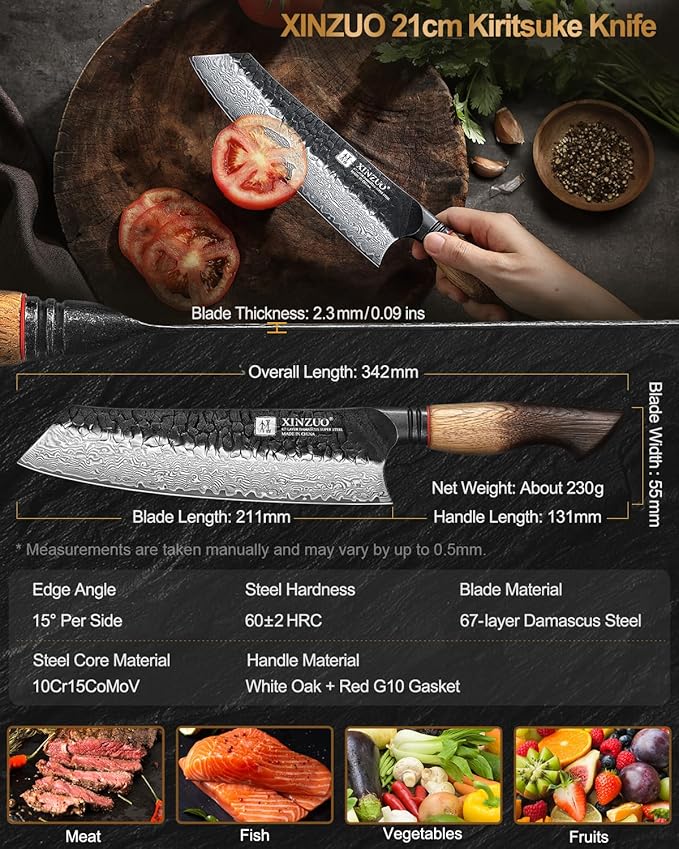 XINZUO 8.3 Inch Kiritsuke Chef Knife, Forged 67 Layers 10Cr15Comov High Carbon Damascus Steel Professional Kitchen Knife,Super Sharp，White Oak + Red G10 Gasket Handle
