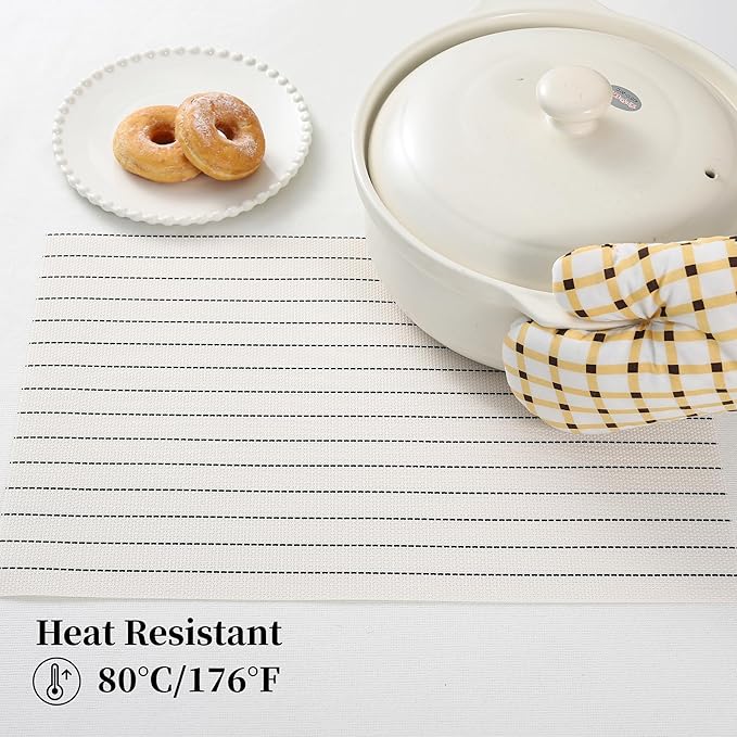 Leetaltree White with Black Stripes Placemats Set of 6 - Heat Resistant Non-Slip Place mats for Dining Table, Washable Durable PVC Vinyl Woven Table Mats（White Stripes, 6）