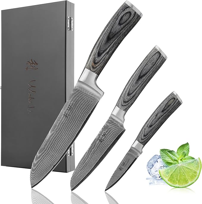 Wakoli EDIS Damascus 3-Piece Knife Set – Japanese Style Kitchen Knives | Genuine Damascus Steel Blades with VG10 Core | Ergonomic Pakkawood Handles | Professional Chef Knife Set in Wooden Gift Box