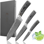 Wakoli EDIS Damascus 3-Piece Knife Set – Japanese Style Kitchen Knives | Genuine Damascus Steel Blades with VG10 Core | Ergonomic Pakkawood Handles | Professional Chef Knife Set in Wooden Gift Box