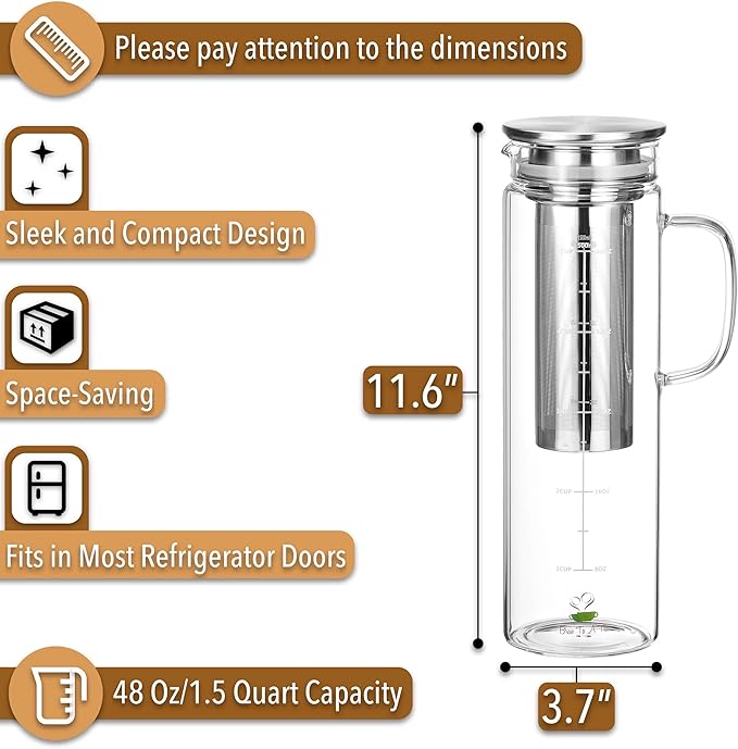 BTaT- Cold Brew Coffee Maker, 1.5 Quart,48 oz Iced Coffee Maker, Iced Tea Maker, Airtight Cold Brew Pitcher, Coffee Accessories, Cold Brew System, Cold Tea Brewing, Coffee Gift
