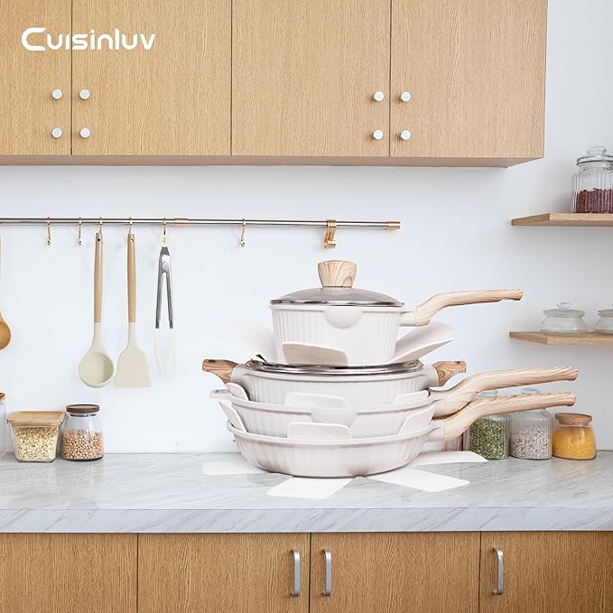 Pots and Pans Set Non Stick, 13Pcs Kitchen Cookware Sets, Granite Stone Induction Cookware Non Stick Cooking Set w/Frying Pans, Saucepans, Sauté Pan (PFOA Free), Cream White