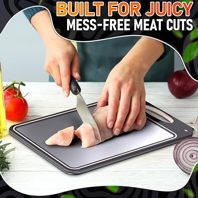 Stainless Steel Cutting Board 16x11 – 304 Stainless Steel Cutting Boards for Kitchen | Easy Grip Handle, Easy to Clean – Double Sided with PP Wheat Straw for Raw Meat, Chopping Fruits & Vegetables