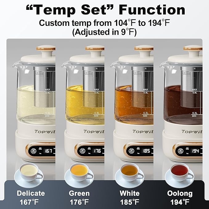 Topwit Electric Tea Kettle, 11 Temperature Control & 4 Presets Glass Kettle with Removable Infuser, 0.8L Electric Kettle for Coffee, Formula, Tea Maker with 8H Keep Warm, Boil-dry Protect, Beige