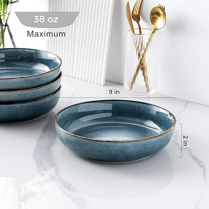 GBHOME 9'' Large Ceramic Pasta Bowls, 38oz Stoneware Pasta Serving Bowls Set of 4 for Kitchen, Wide Bowls for Fruit,Pasta,Salad,Oatmeal,Meal, Microwave Safe, Reactive Glaze-Space Blue