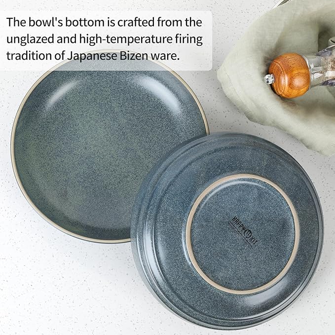 HAPPY KIT 9'' Pasta Bowls, 42oz Pasta Bowls Set of 4, Large Salad Bowl, Ceramic Serving Bowls,Double Reactive Glaze, Ideal for Housewarming, Festivals, Microwave Safe (Peacock Blue)