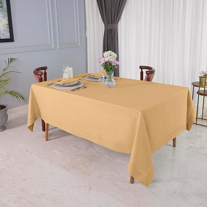 D'Moksha Homes Beige Linen Tablecloth for Rectangle Tables 60 x 90 Inch - 100% Pure Linen Beige Table Cloth - Classic Hemstitch, Machine Washable Tablecloth for Summer, Fall and Halloween