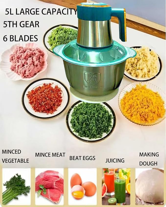 5L Electric Meat Grinder, Stainless Steel Dough Machine, 500w Strong Food Processing Machine, 5-Speed Mode, Used For Dough Stirring, Onion, Meat, Nuts, Fruits, Garlic, Vegetables