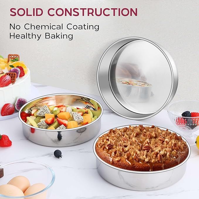 Onader 8 Inch Round Cake Pan, Stainless Steel Baking Pan Set of 3, Birthday Wedding Cake Tin