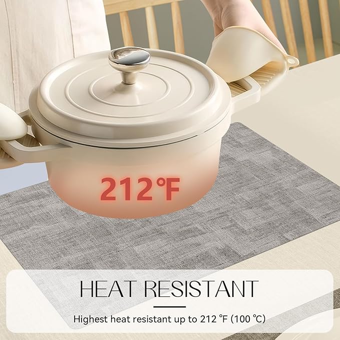 Romanstile Reversible Vinyl Placemats Set of 4, Faux Leather 100% Waterproof Oil-proof Wipeable Place Mats, Heat Resistant Dual Sided Table Mats for Kitchen/Dining/Party (Grey Light Grey, 12 x 17 Inch