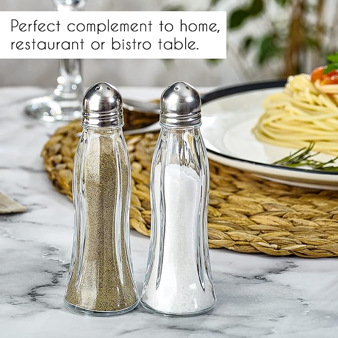 Salt and Pepper Shakers Glass Set, Clear Curved Design, Classic Restaurant Style, Glass Body with Stainless Steel Lids, 4.7 in
