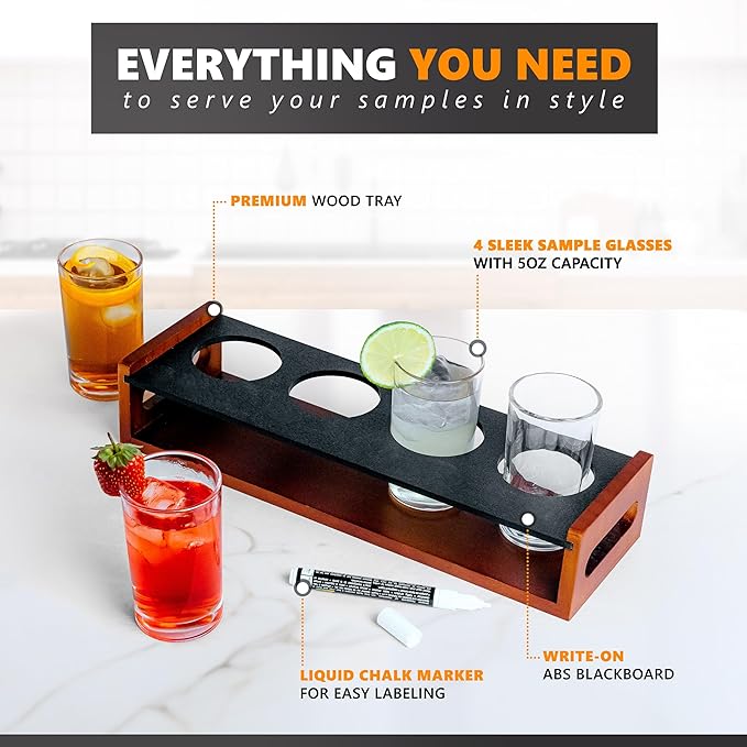 Flight Board with Glasses – Drink Flight Set for Bartesian Capsules – Mimosa and Cocktail Tasting Tray - Bartender Accessories and Hosting Essentials