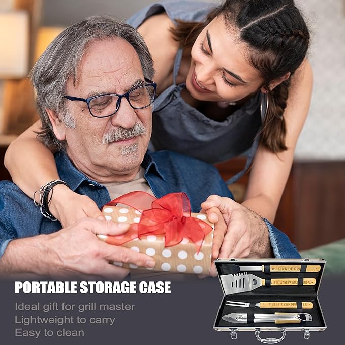 Grandpa Gifts from Grandkids, Fathers Day Grandpa Gift Heavy Duty Wooden BBQ Grilling Accessories Kit for Backyard, Thick Stainless Steel Grill Utensils with Non-Slip Handle Tools in Portable Bag