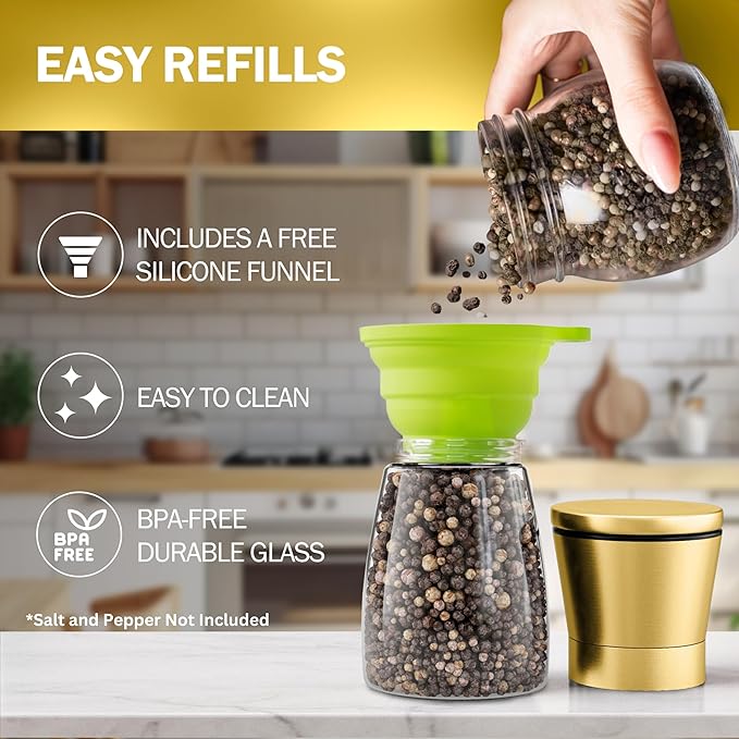 Home EC Original Gold Salt and Pepper Grinder Set of 2 - Adjustable Ceramic Grinder - Glass Salt and Pepper Shakers With Funnel and Ebook - Kitchen Spice Mill - Gold Kitchen Accessories