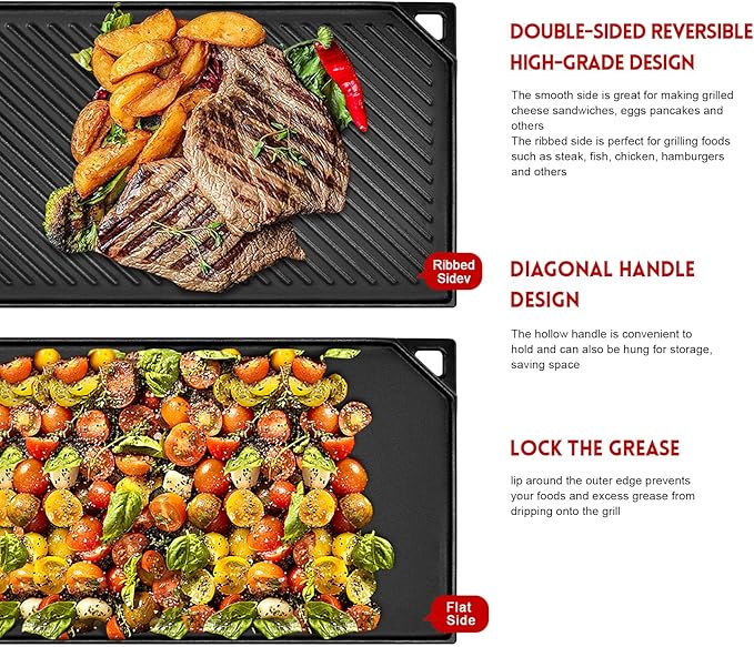 GGC Reversible Cast Iron Griddle, Double-sided Griddle Pan for Stove Tops, Gas Grills and Outdoor Cooking, 16.5 x 9.5 Baking Flat and Ribbed Griddle Plate