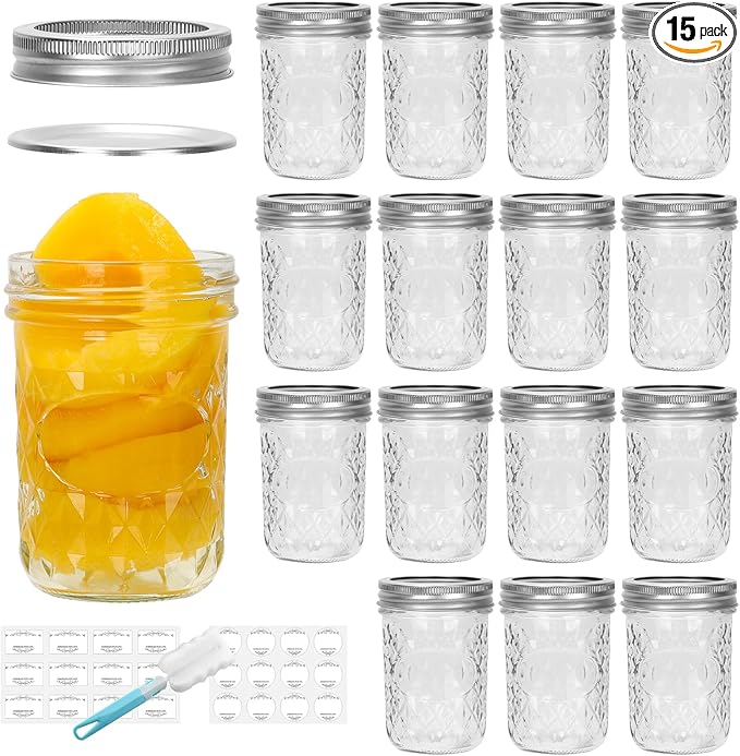 DHSBTLS Glass Regular Mouth Mason Jars, 15 Pack 8 oz Glass Canning Jars with Silver Aluminum Lids and Bands, Airtight Jars for Food Storage, Canning, Overnight Oats, Fermenting, Pickling, Decor