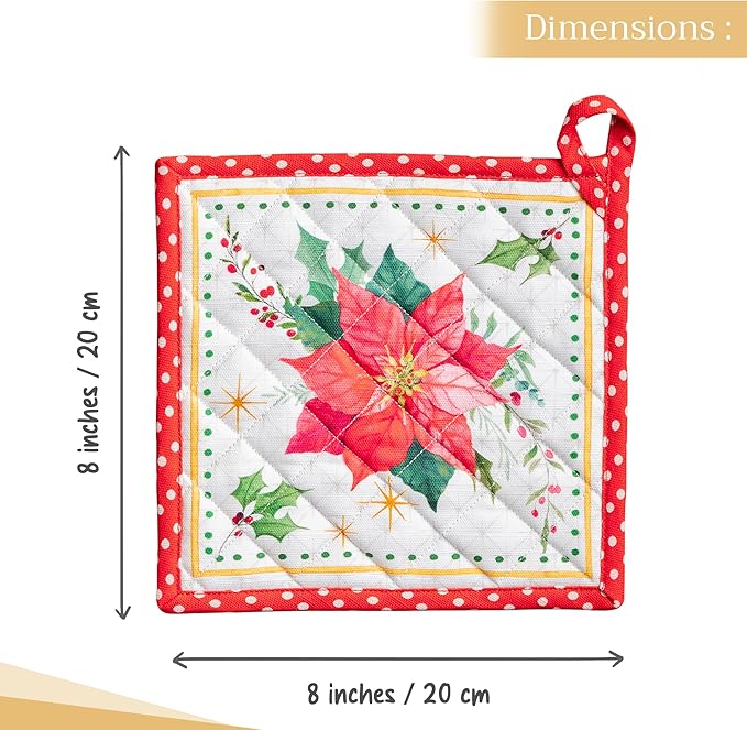 Maison d' Hermine Pot Holders Set 100% Cotton Heat Resistant Potholders 8" x 8" Hot Pads with Loop BBQ, Cooking, Baking, Grilling, Kitchen, Handling Hot Pans (Pack of 2, Poinsettia Christmas)